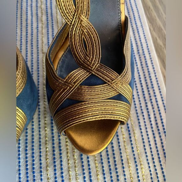 SERGIO ROSSI Bronze and Blue Metallic Platform Sandal Heels Size 39 - Picture 2 of 14